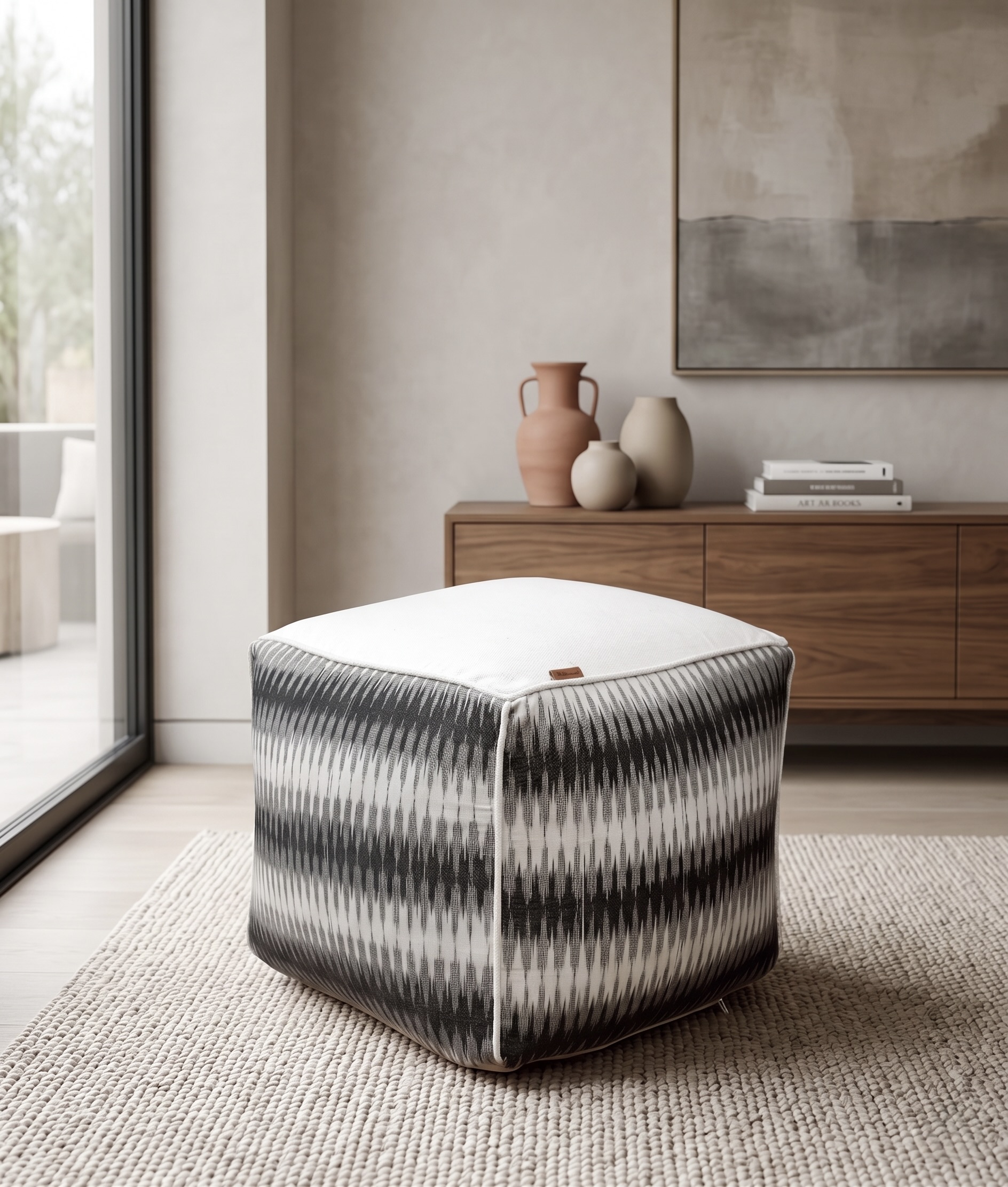 AH-PF-008 Grey Ikat Chevron Woven Pouffe