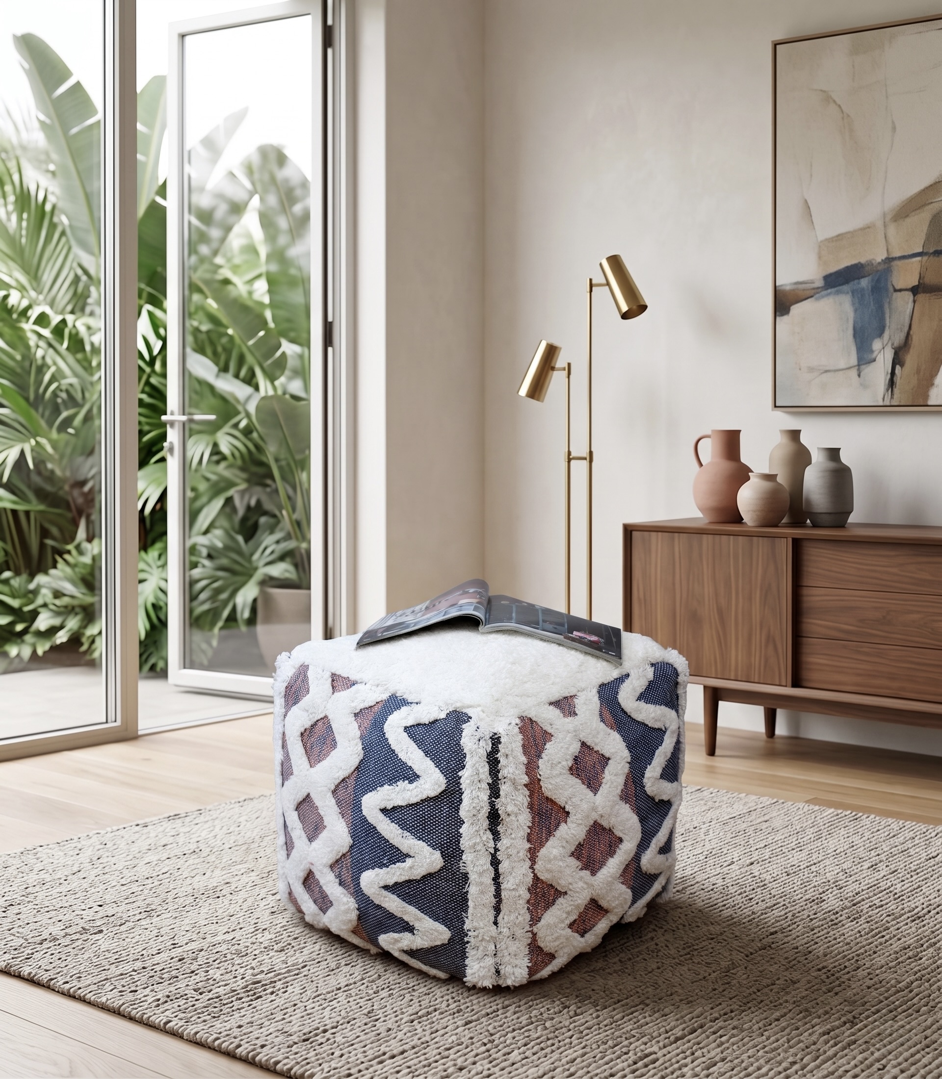 AH-PF-009 Navy Burgundy White Tufted Boho Pouffe