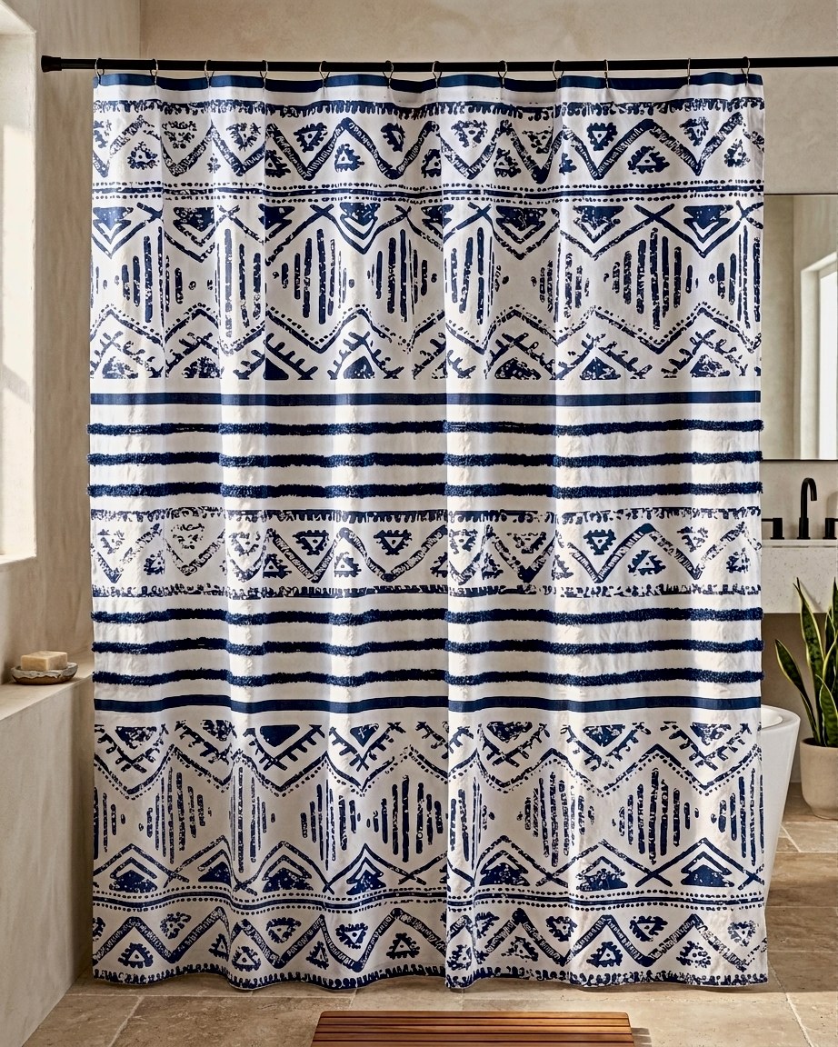 AH-SC-26-01 Indigo Print Shower Curtain — 100% cotton shower curtain manufactured in India by Abhi Home
