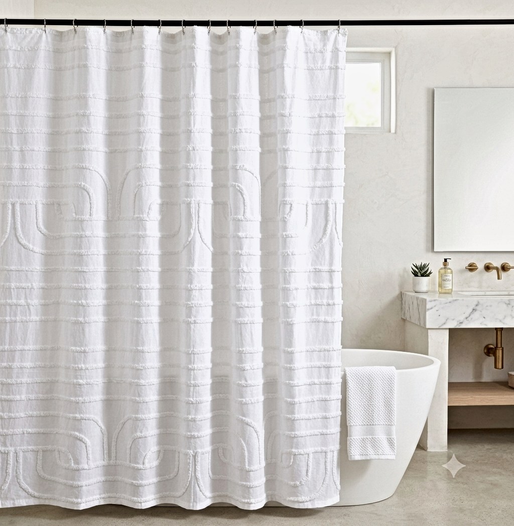 AH-SC-26-02 White Scroll Textured Shower Curtain — 100% cotton shower curtain manufactured in India by Abhi Home