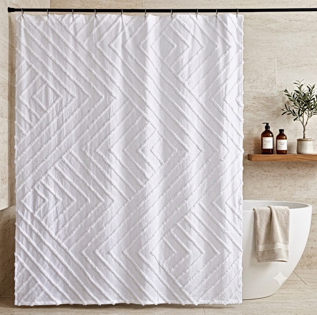 AH-SC-26-03 White Diamond Textured Shower Curtain — 100% cotton shower curtain manufactured in India by Abhi Home
