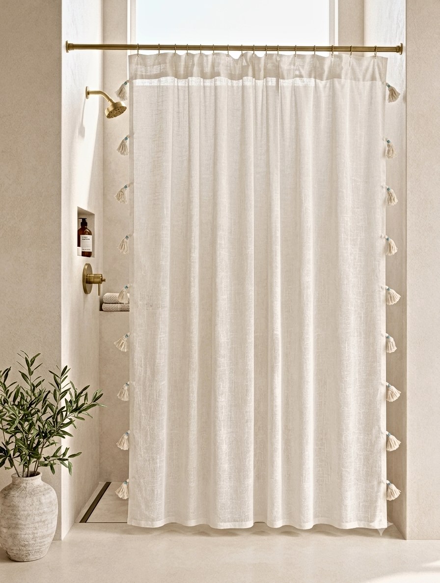 AH-SC-26-04 Ivory Tassel Shower Curtain — 100% cotton shower curtain manufactured in India by Abhi Home