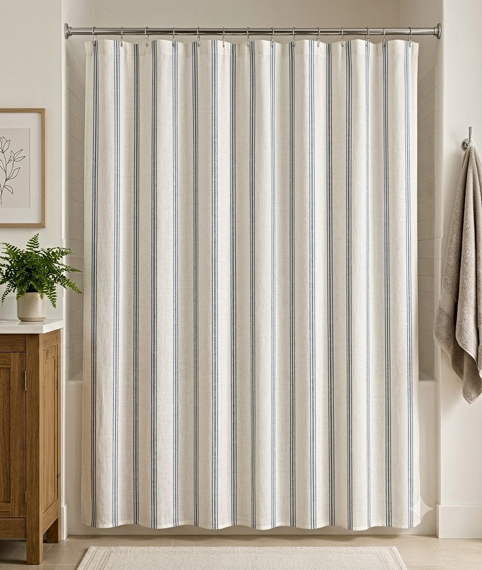 AH-SC-26-05 Ticking Stripe Shower Curtain — 100% cotton shower curtain manufactured in India by Abhi Home