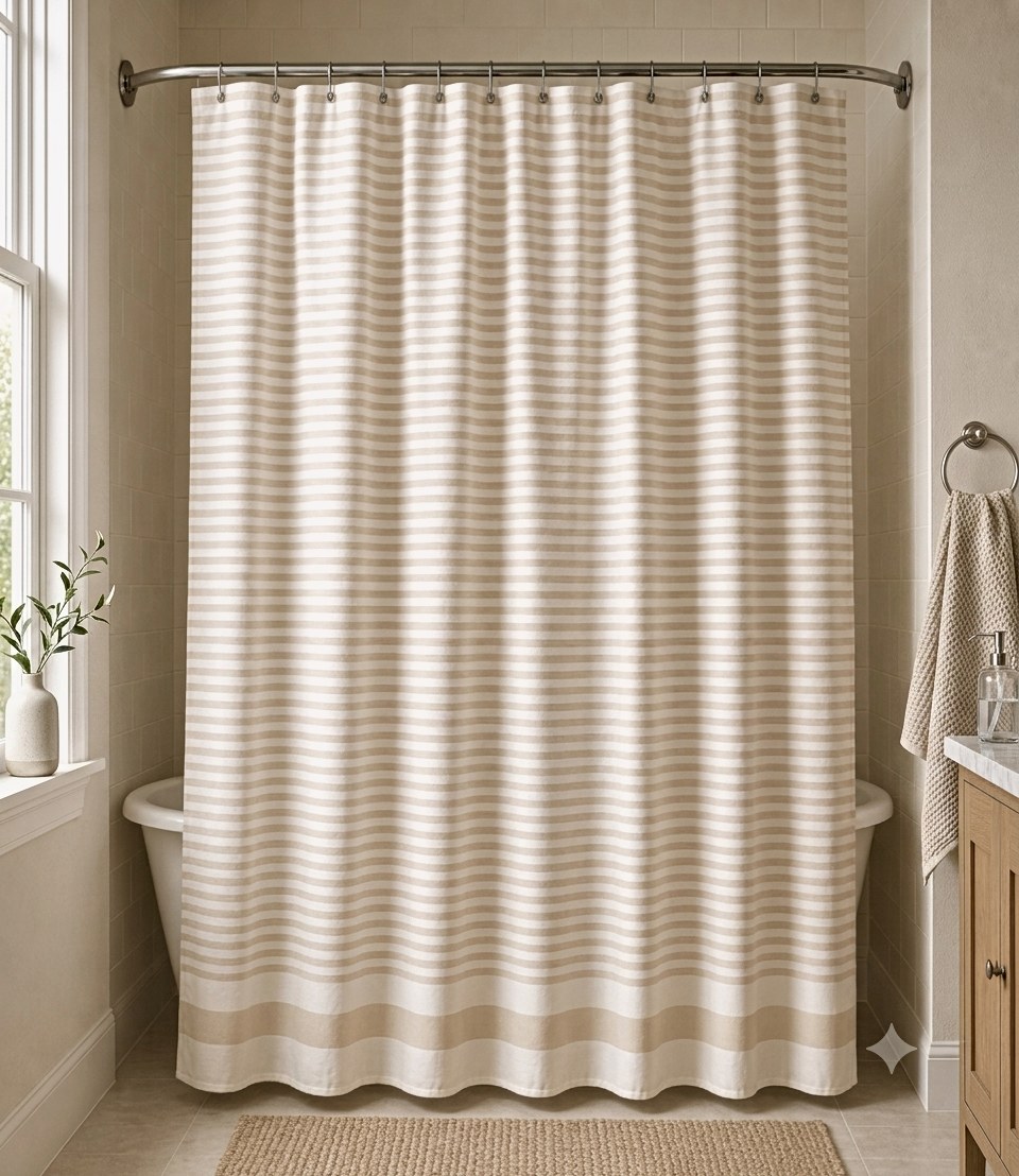 AH-SC-26-06 Natural Horizontal Stripe Shower Curtain — 100% cotton shower curtain manufactured in India by Abhi Home