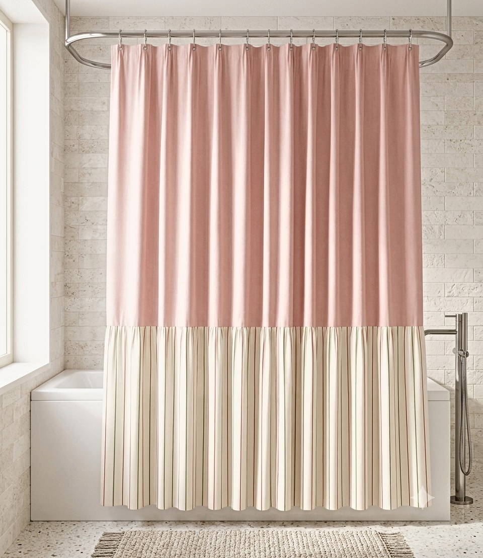 AH-SC-26-07 Blush Colourblock Pleated Shower Curtain — 100% cotton shower curtain manufactured in India by Abhi Home