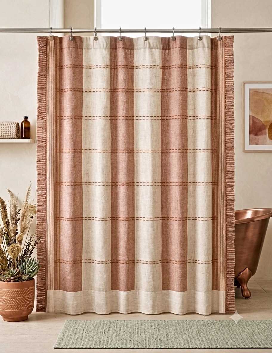 AH-SC-26-09 Clay Stripe Fringed Shower Curtain — 100% cotton shower curtain manufactured in India by Abhi Home