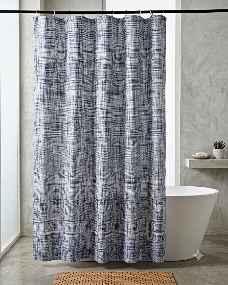 AH-SC-26-11 Indigo Crosshatch Shower Curtain — 100% cotton shower curtain manufactured in India by Abhi Home