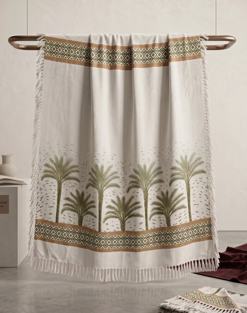 AH-TH-001 Olive Palm Tree Border Print Throw with Diamond Trim and Fringe