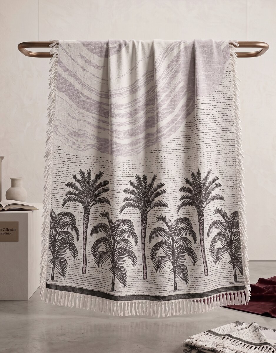 AH-TH-002 Natural Linen Charcoal Palm Tree Block Print Throw with Fringe