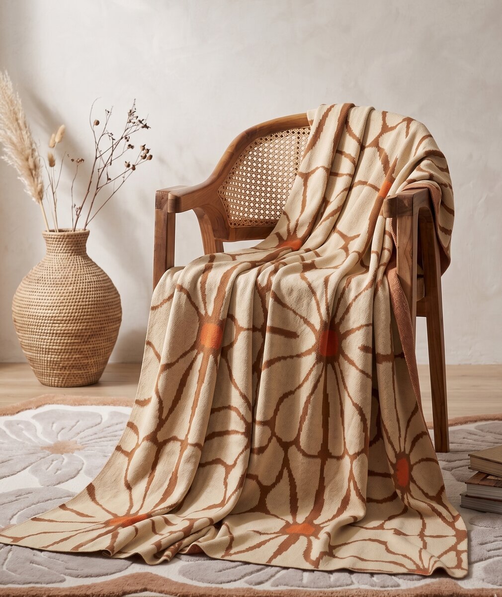 AH-TH-003 Tan and Sienna Abstract Floral Woven Throw
