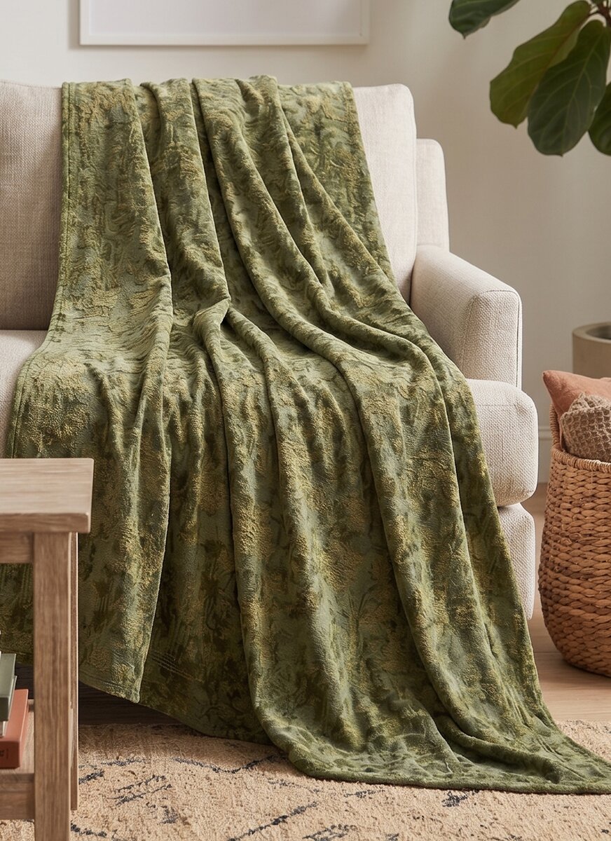 AH-TH-004 Olive Green Tonal Botanical Jacquard Throw