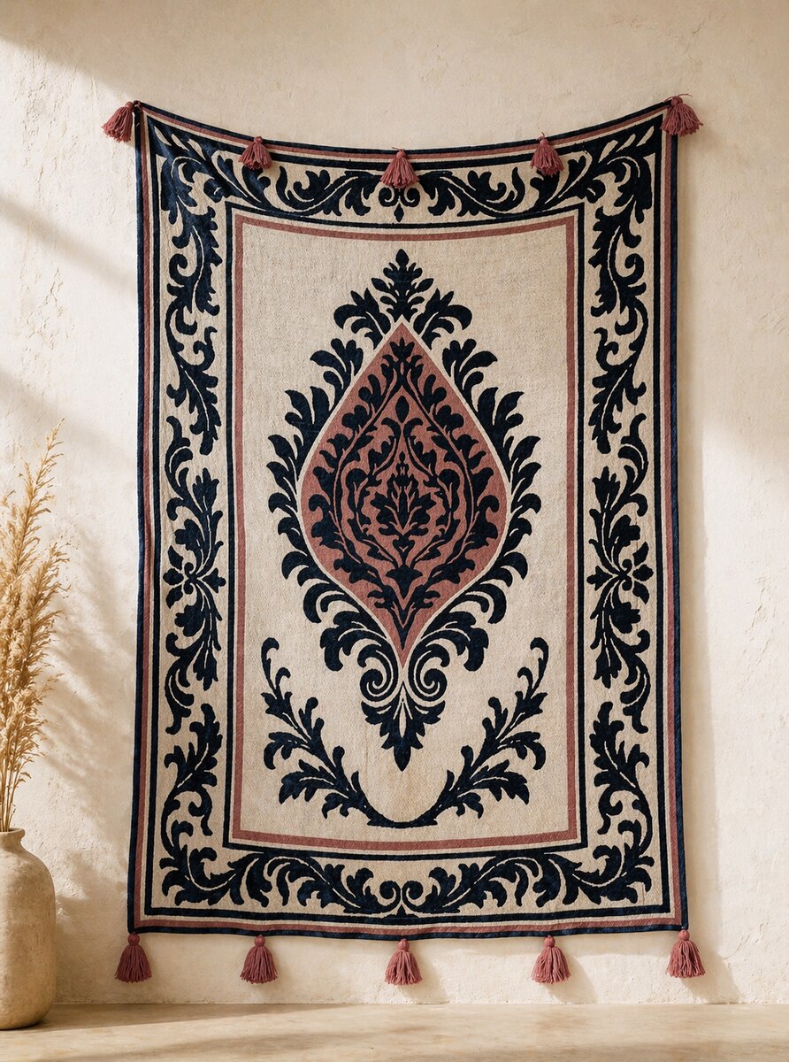 AH-TH-005 Vintage Navy and Rose Damask Medallion Tapestry Throw with Tassels