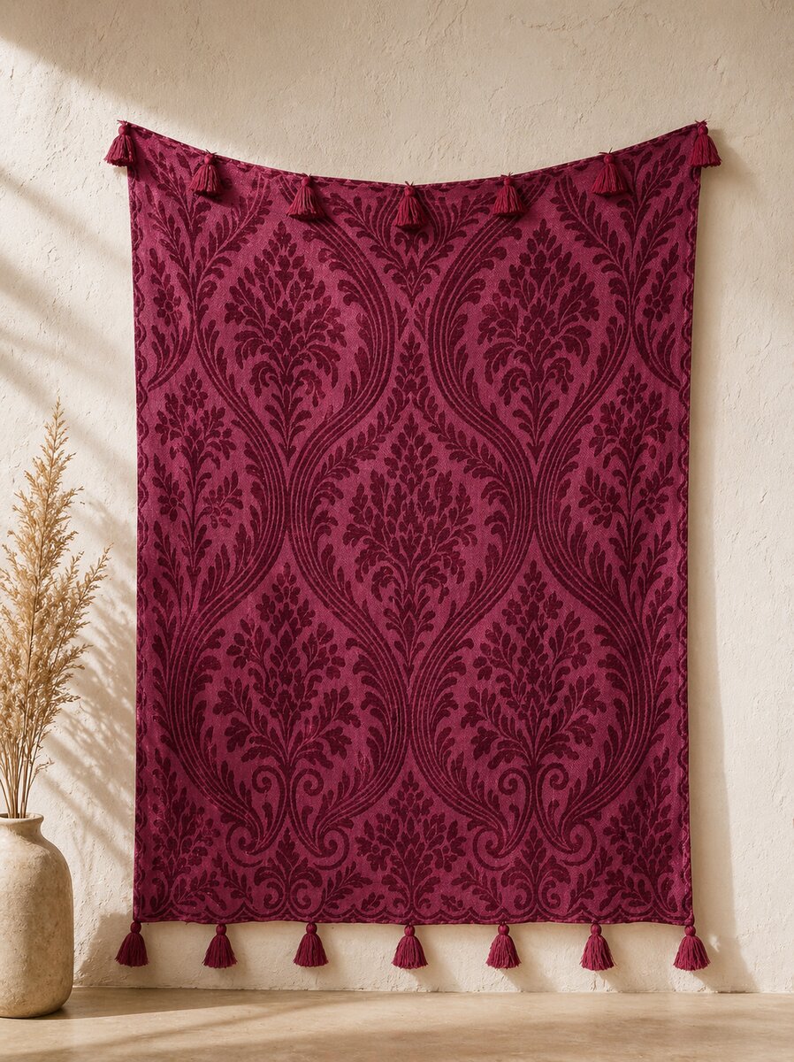 AH-TH-006 Burgundy Wine Damask Jacquard Throw with Tassels