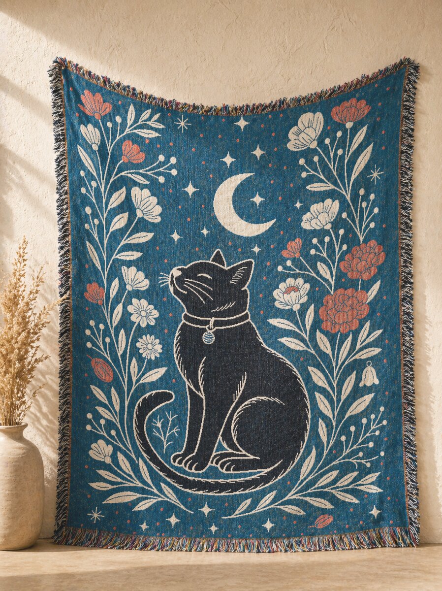 AH-TH-007 Navy Celestial Cat and Botanical Tapestry Throw with Fringe