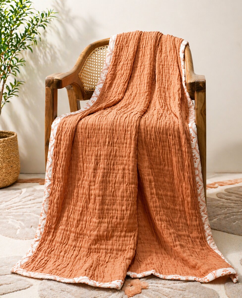 AH-TH-008 Terracotta Crinkled Cotton Gauze Throw with Block Print Border