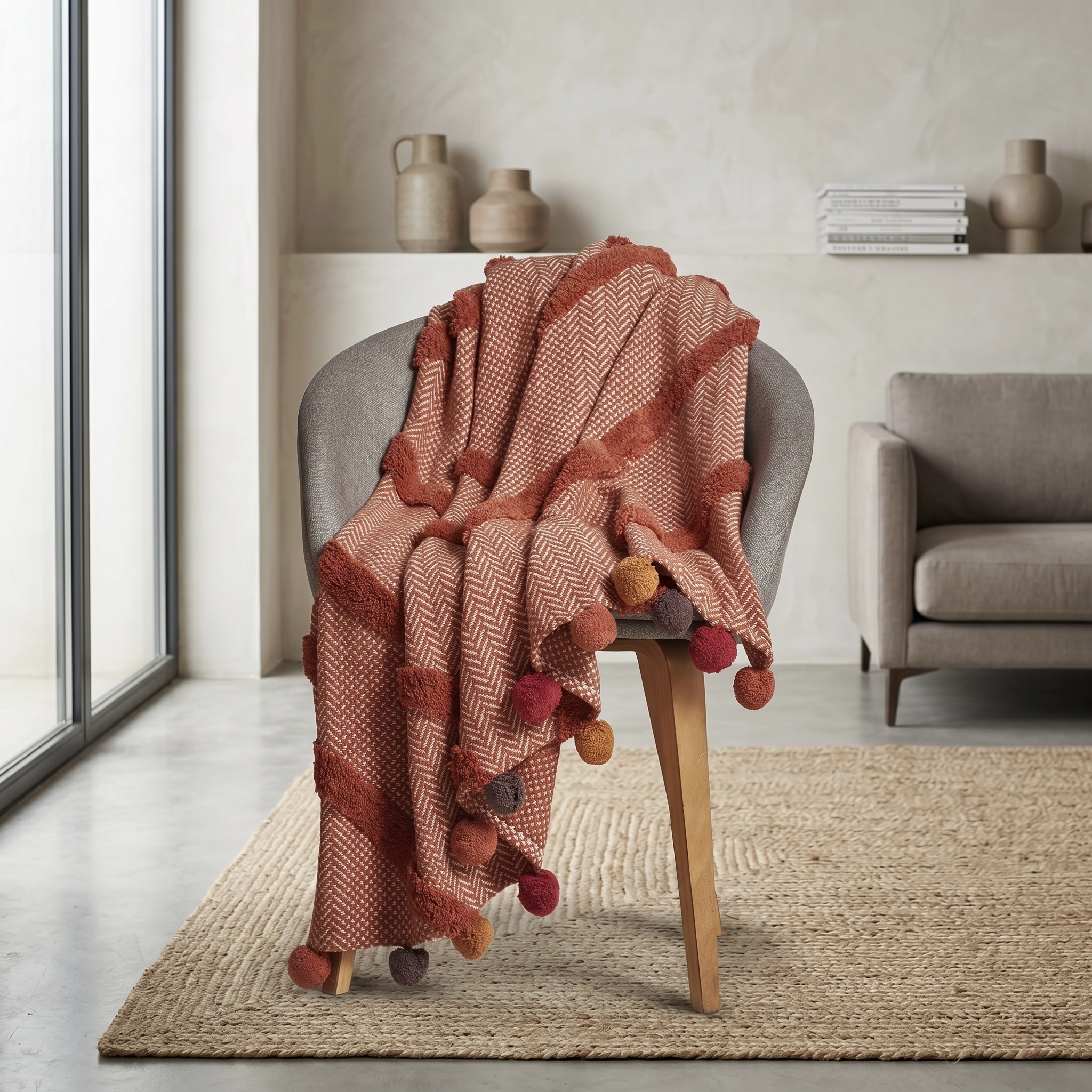 AH-TH-21-46262 Terracotta Herringbone Pom-Pom Throw