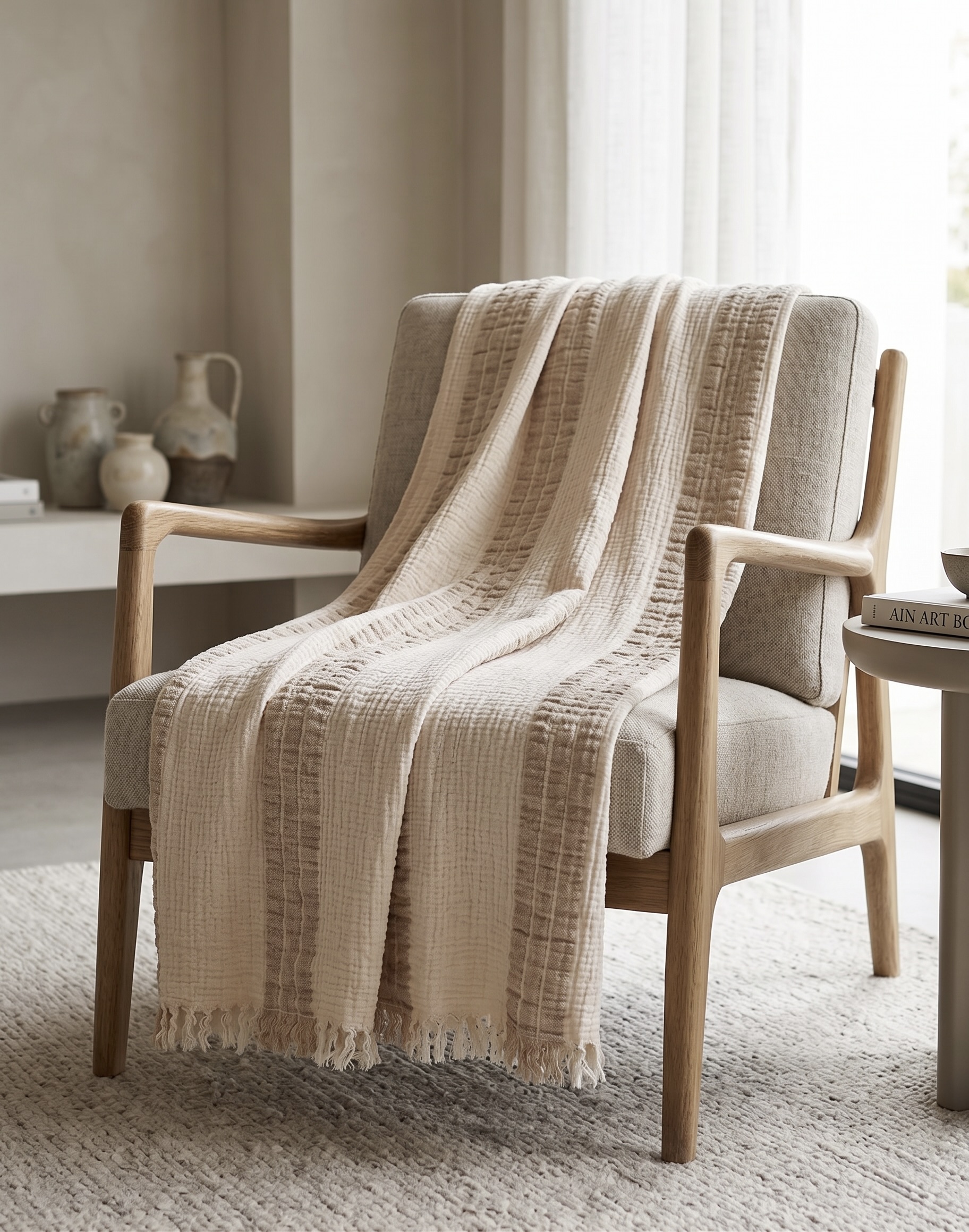 AH-TH-24-1203 Natural Cotton Gauze Stripe Throw