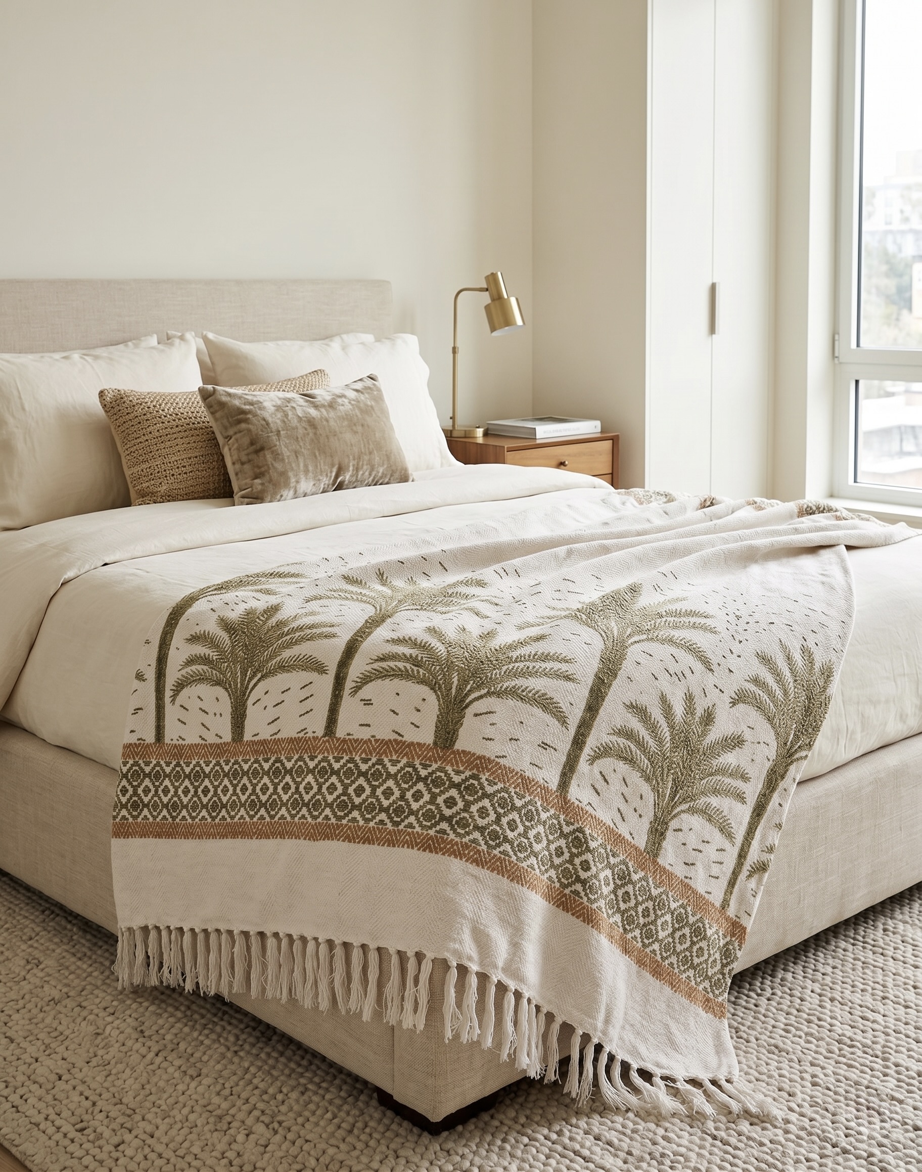 AH-TH-24-1209 Hand Block Print Palm Tree Bed Throw