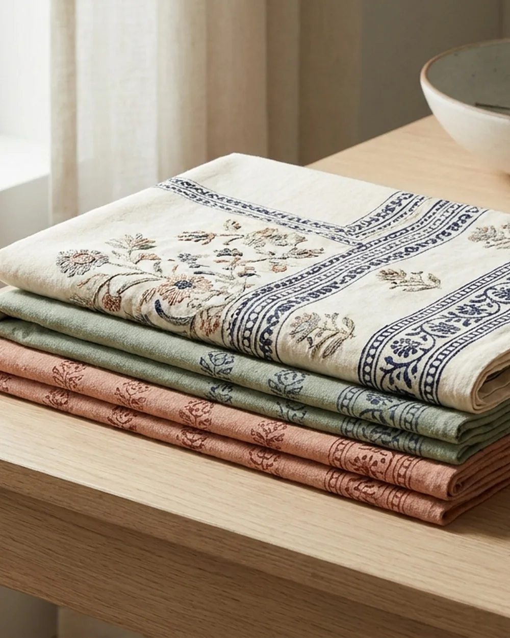 Folded stack of handcrafted Abhi Home cotton textiles with block-print and embroidery