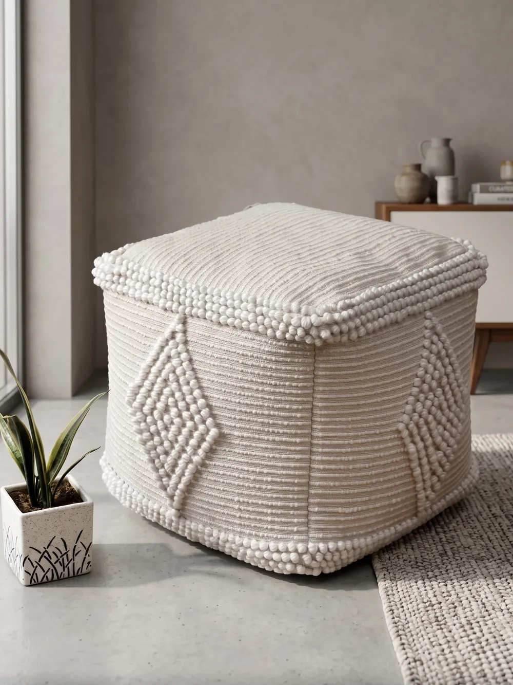 Handwoven cotton pouffe styled in a living room