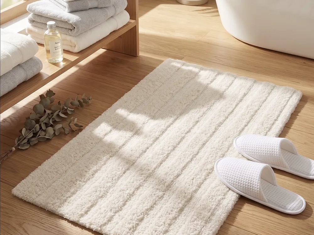 Cotton bath mat with folded towels in a bright bathroom