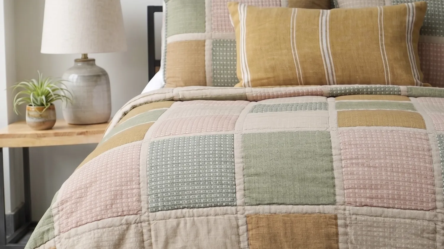 Patchwork cotton quilt and bedding styled on a bed