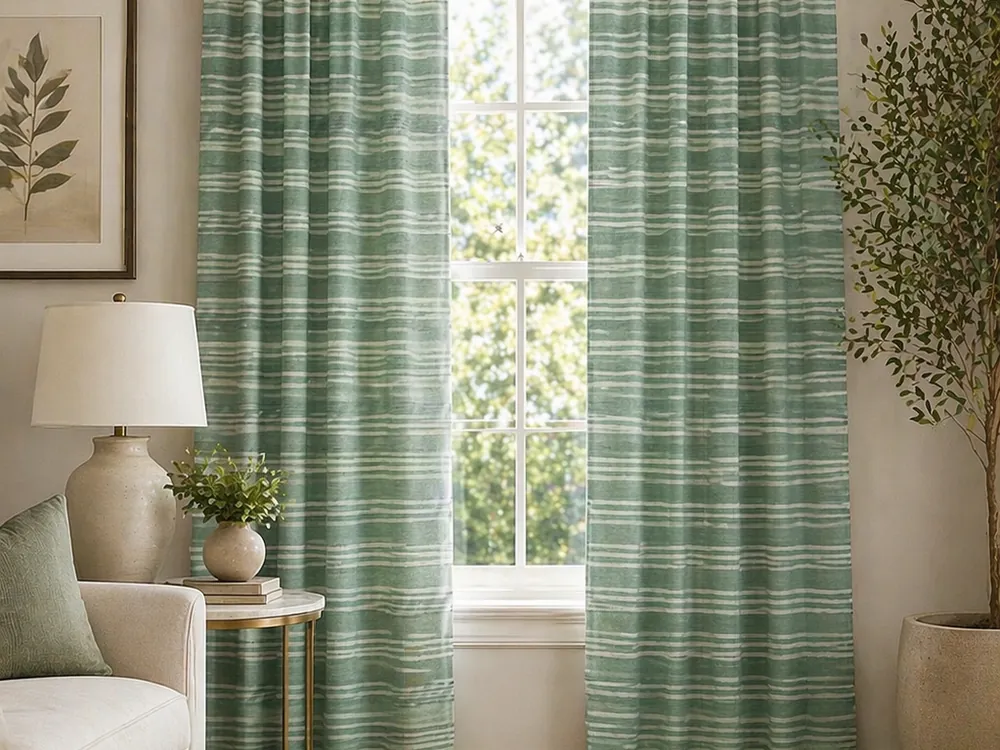 Sage green striped cotton curtains at a sunlit window