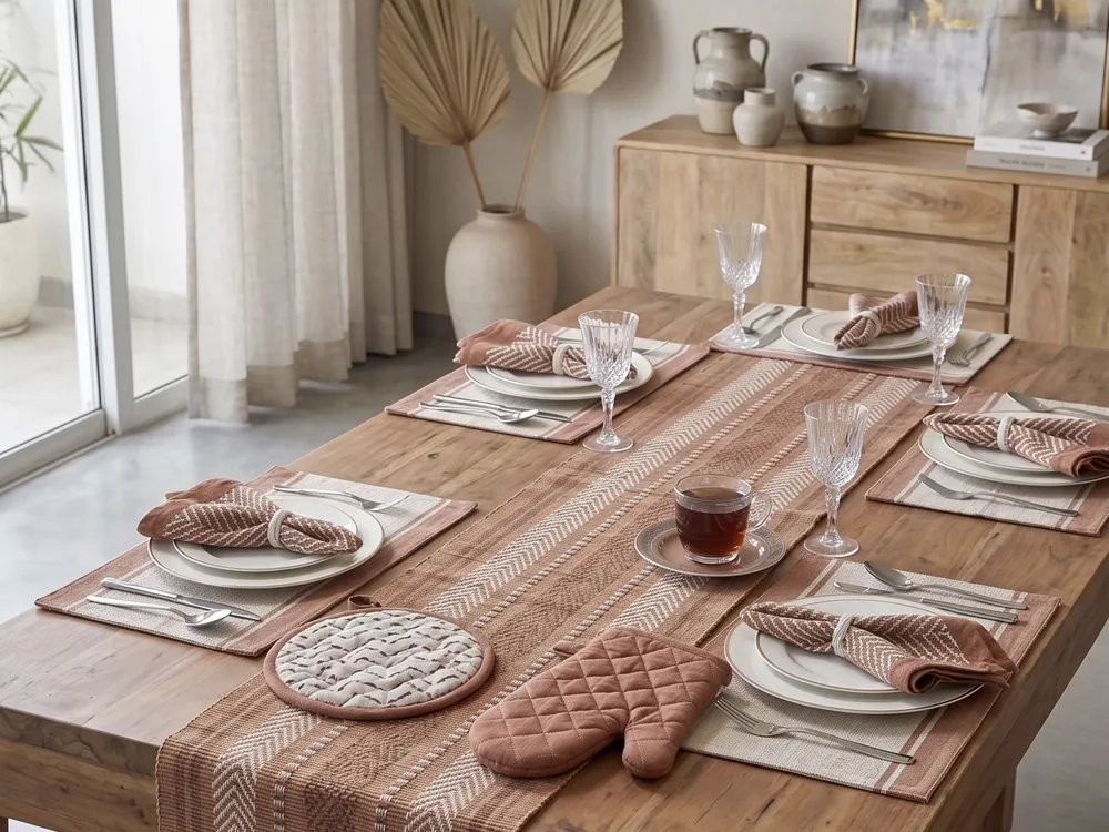 Dining table set with a cotton table runner, placemats and napkins