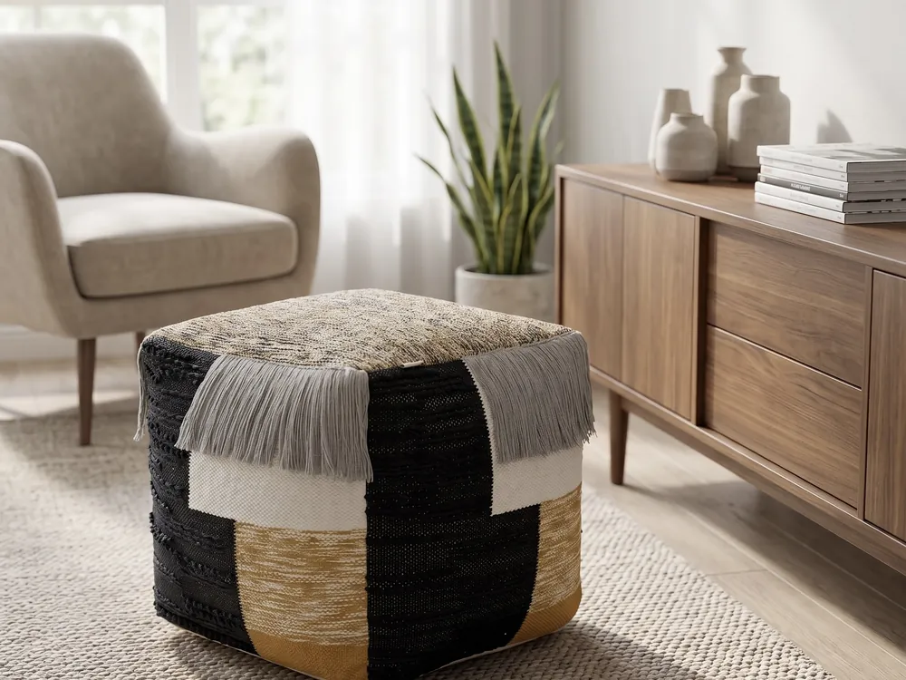 Handwoven colour-block cotton pouffe in a living room