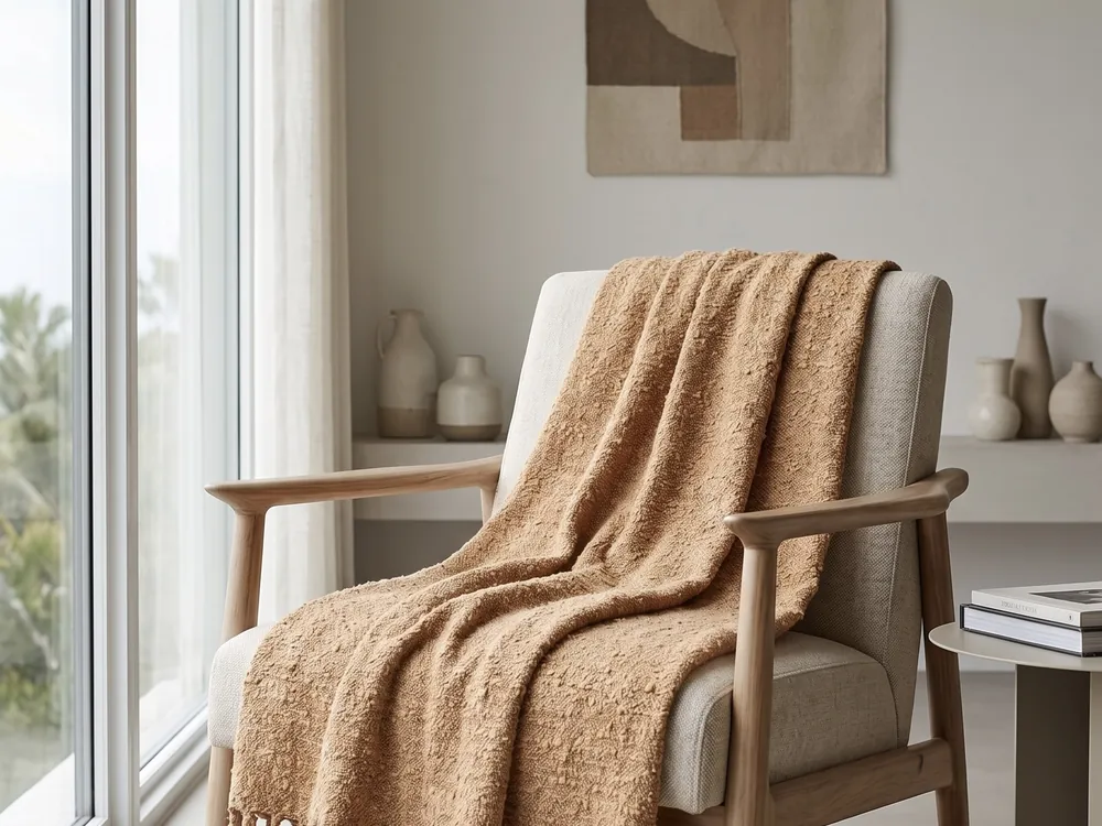 Caramel woven cotton throw draped over an armchair